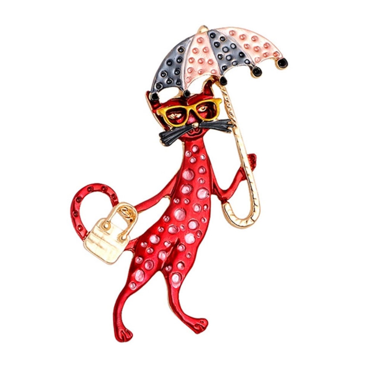 Διακοσμητική Γυναικεία Καρφίτσα Η Κυρία Κόκκινη Γάτα Με Την Ομπρέλα - 4478