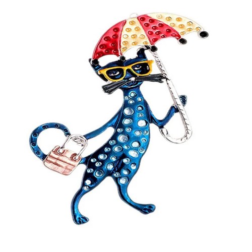 Διακοσμητική Γυναικεία Καρφίτσα "Η Κυρία Μπλε Γάτα Με Την Ομπρέλα Και Τα Γυαλιά"